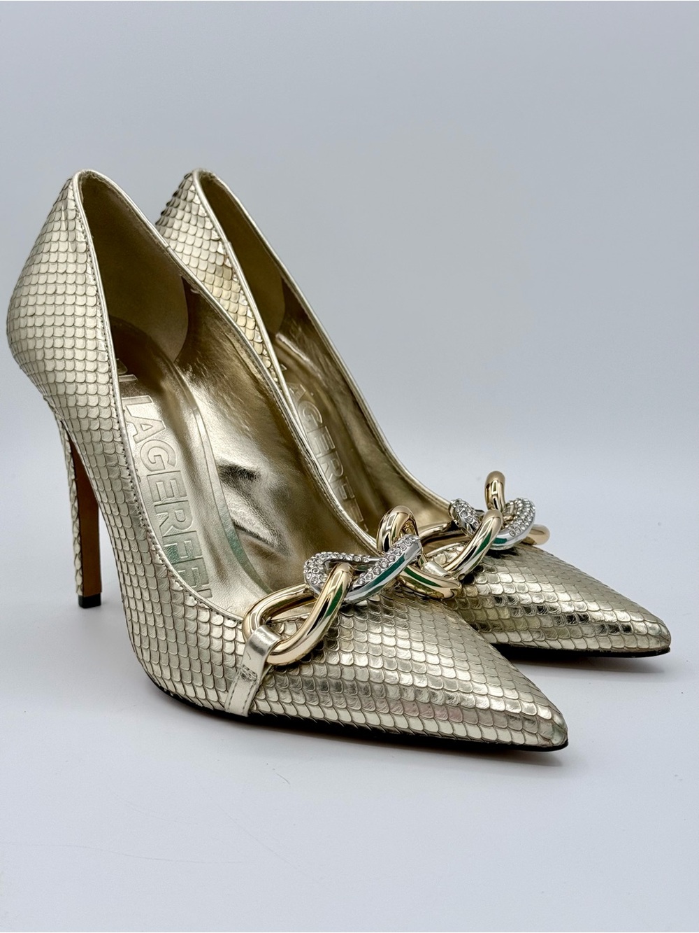 Karl Lagerfeld Paris Gold Snake Embossed Crystal Chain Pumps — Size 7